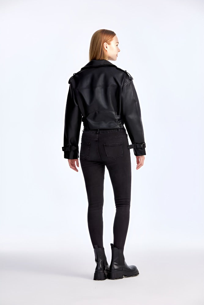 Trendy PU Leather Biker Jacket – Women’s Belted Moto Coat