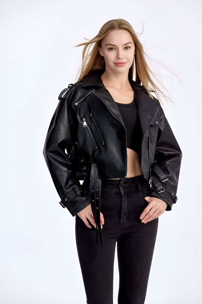 Trendy PU Leather Biker Jacket – Women’s Belted Moto Coat