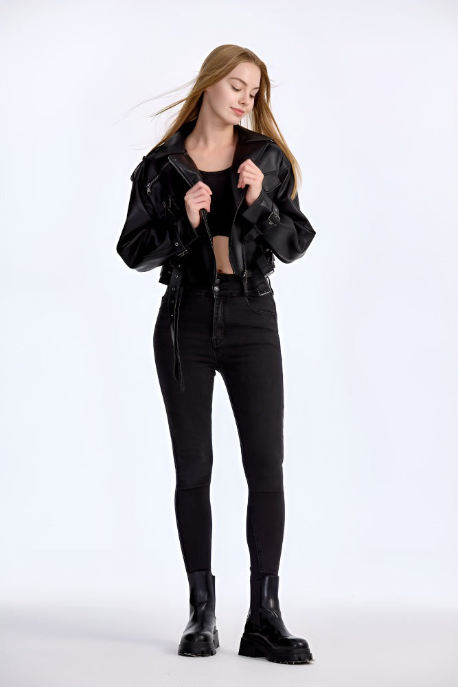 Trendy PU Leather Biker Jacket – Women’s Belted Moto Coat