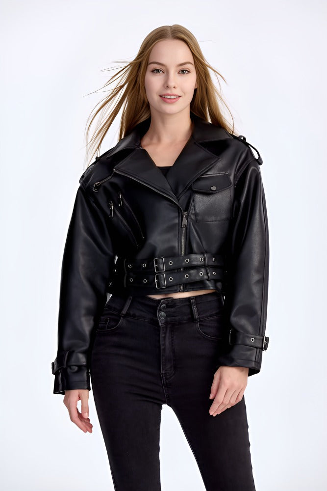 Trendy PU Leather Biker Jacket – Women’s Belted Moto Coat