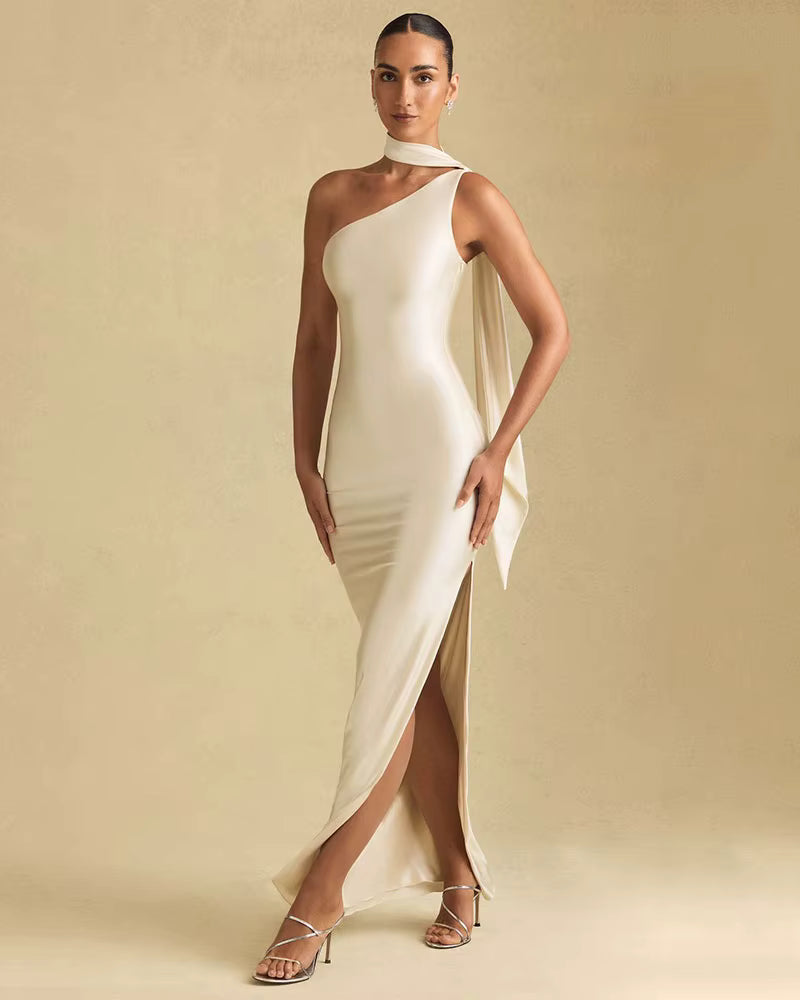 Elegant One-Shoulder Satin Maxi Dress