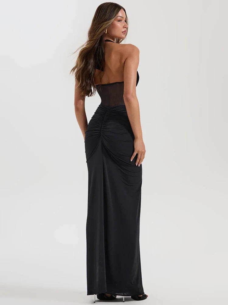 Halter Backless Maxi Dress – Sexy V-Neck Draped Bodycon Gown for Women’s Club & Party Wear