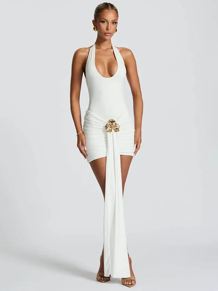 Metal Flower Halter Mini Dress – Sexy Ruched Backless Club Dress for Women