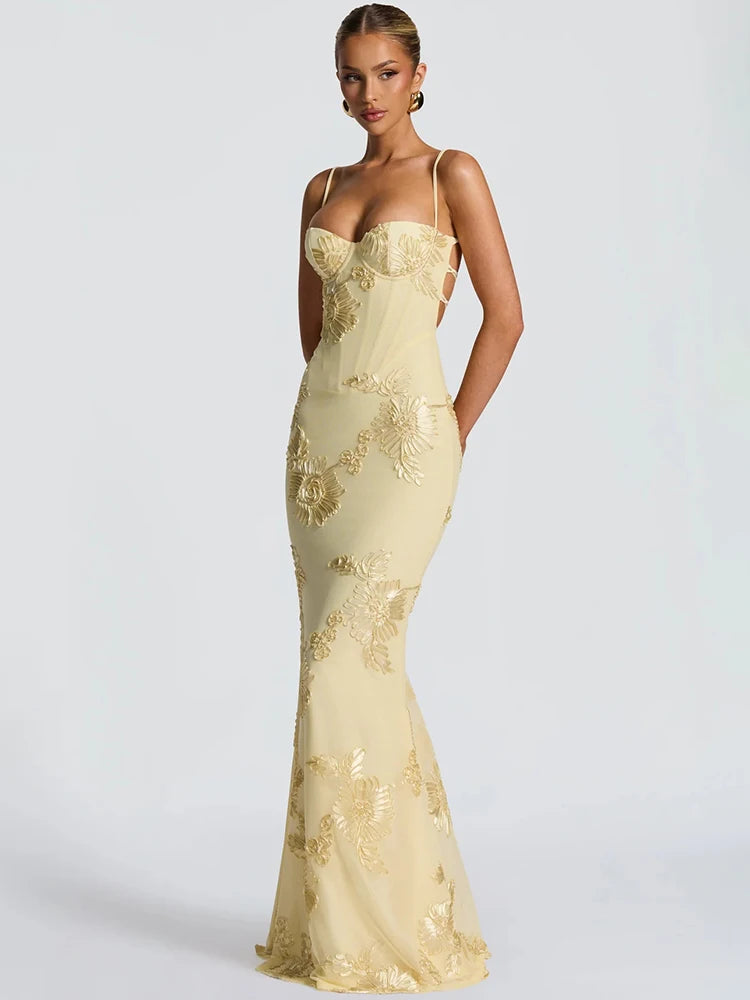 Spaghetti Strap Print Maxi Dress – Sexy Backless Bodycon Club Gown for Women