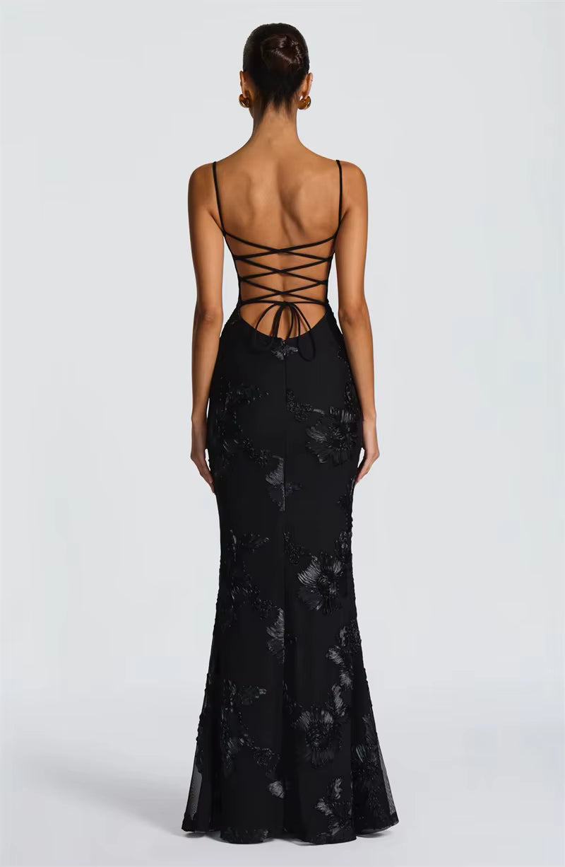 Spaghetti Strap Print Maxi Dress – Sexy Backless Bodycon Club Gown for Women
