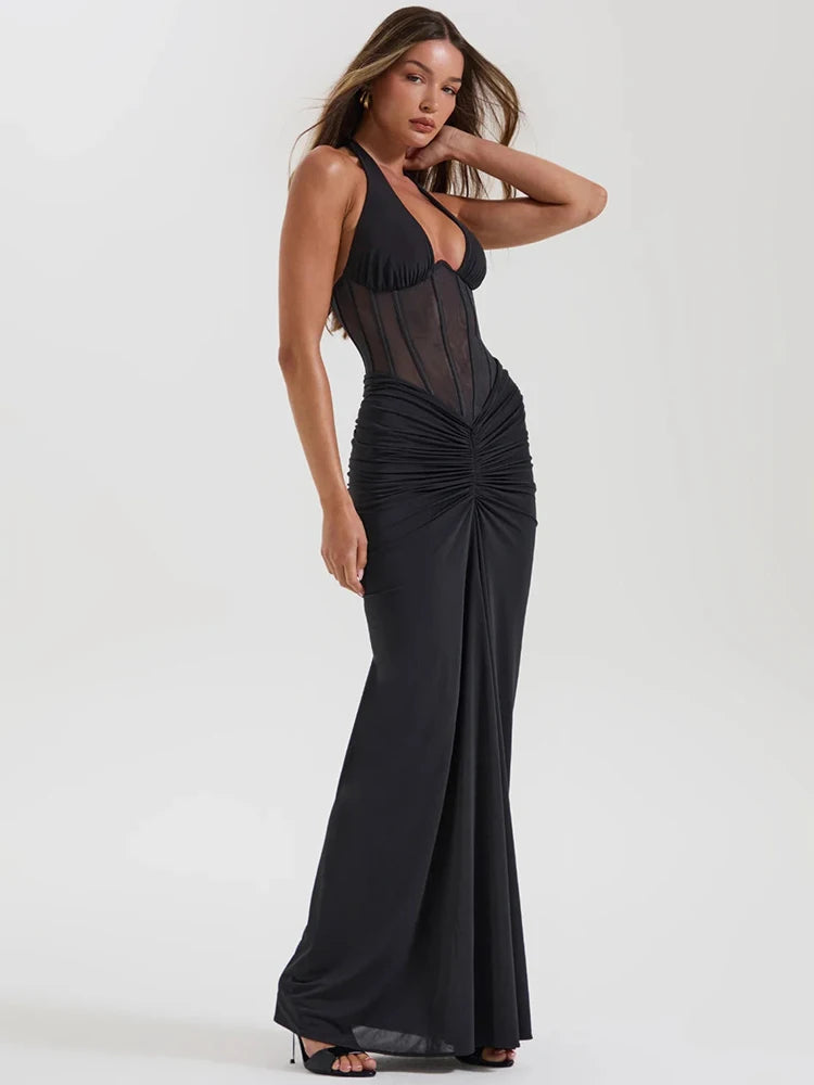 Halter Backless Maxi Dress – Sexy V-Neck Draped Bodycon Gown for Women’s Club & Party Wear