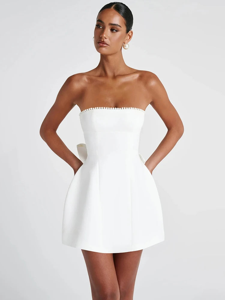 Pearl Strapless Mini Dress – Sexy Backless Bow Club Dress for Women