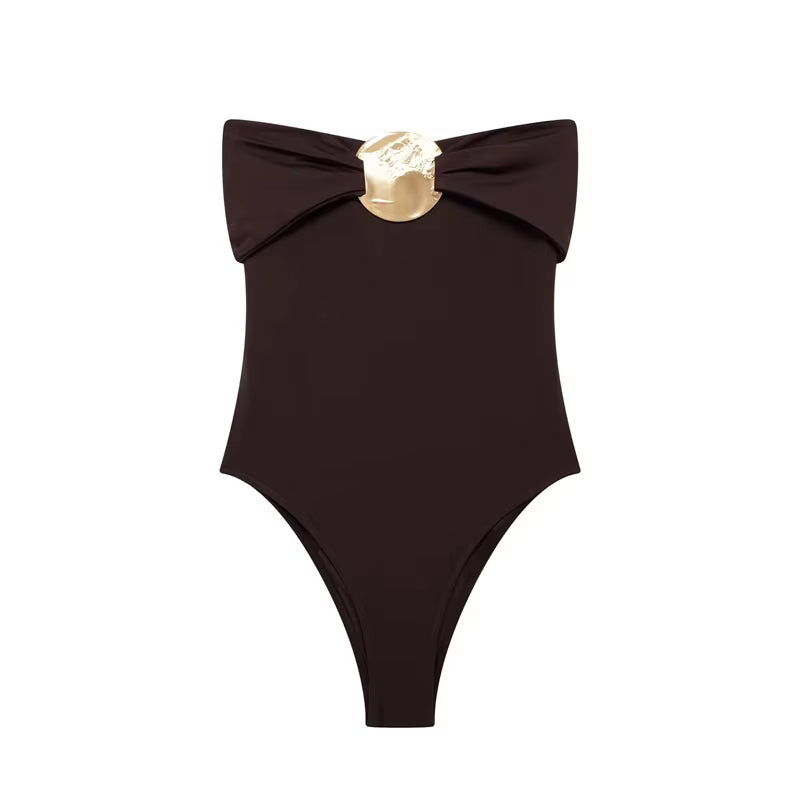 Elegant Off-Shoulder Bodysuit – Gold Accent & Slim Fit