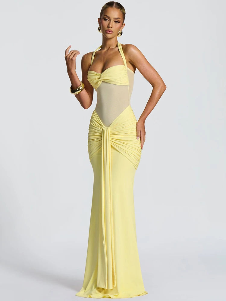Halter Backless Maxi Dress – Sexy Ruched Off-Shoulder Bodycon Clubwear for Women
