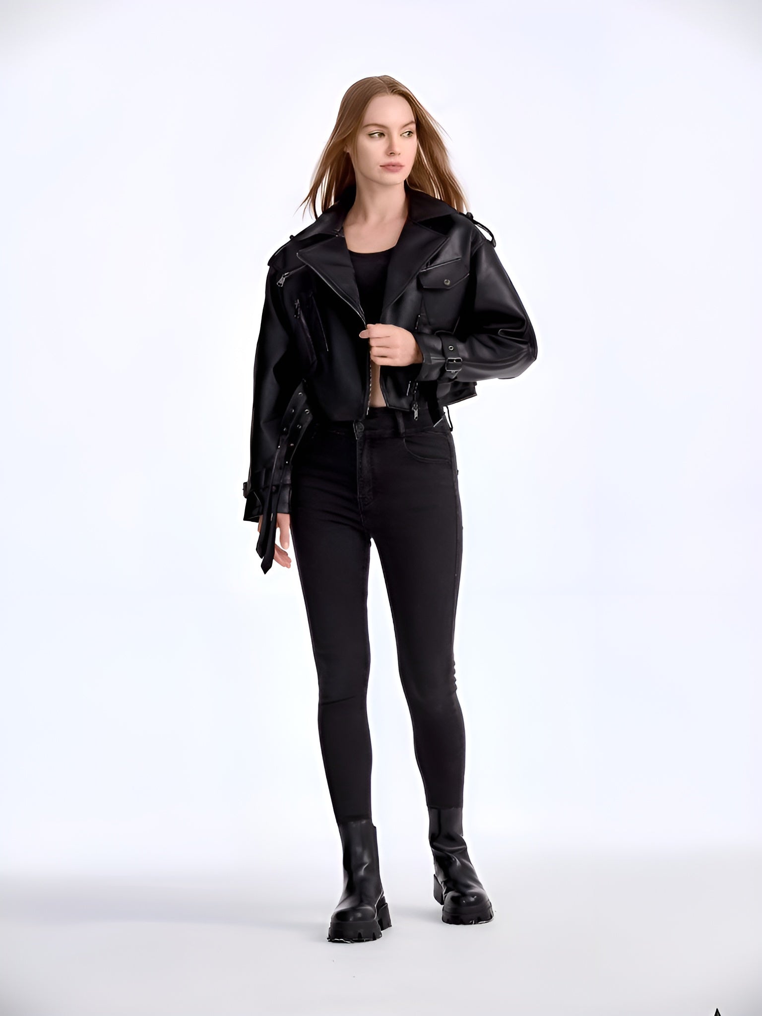 Trendy PU Leather Biker Jacket – Women’s Belted Moto Coat
