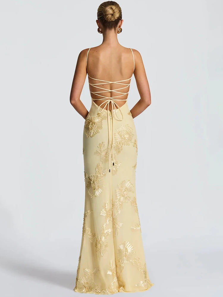 Spaghetti Strap Print Maxi Dress – Sexy Backless Bodycon Club Gown for Women