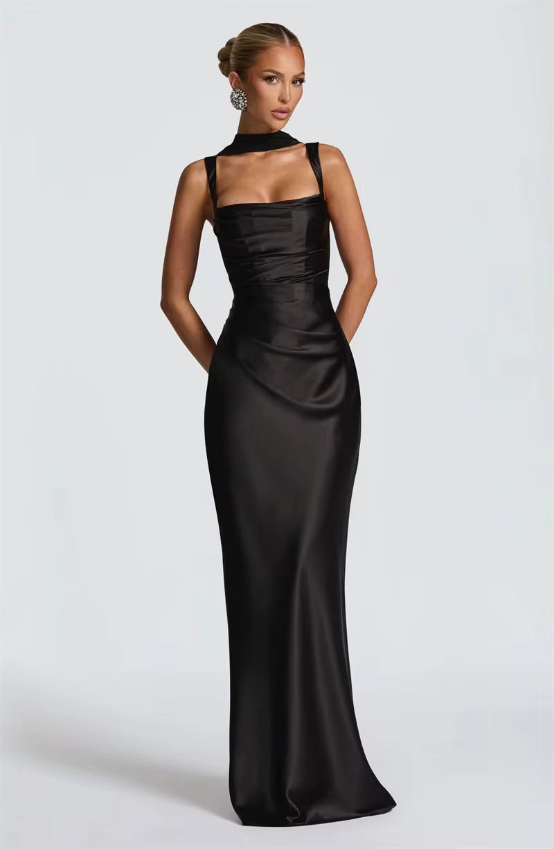 Satin Lace-Up Backless Maxi Dress – Sexy Halter Off-Shoulder Bodycon Gown