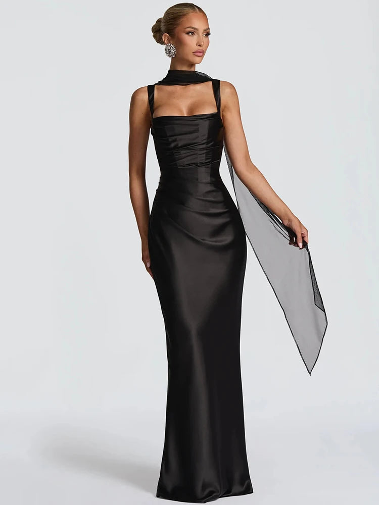 Satin Lace-Up Backless Maxi Dress – Sexy Halter Off-Shoulder Bodycon Gown