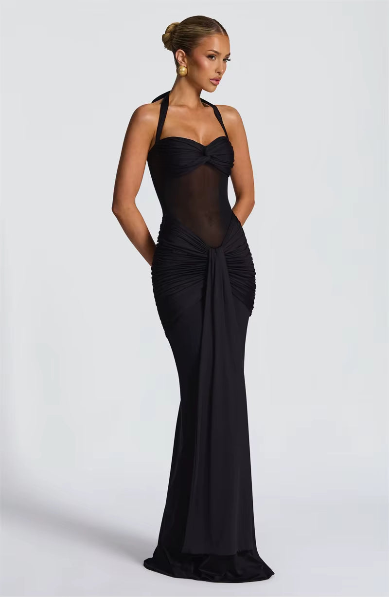 Halter Backless Maxi Dress – Sexy Ruched Off-Shoulder Bodycon Clubwear for Women