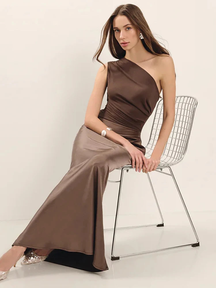 Satin One Shoulder Patchwork Maxi Dress - Sleeveless Backless Slim Club Evening Outfit