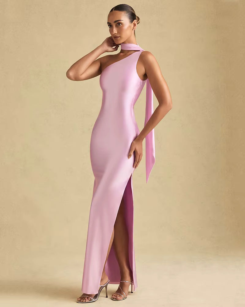 Elegant One-Shoulder Satin Maxi Dress