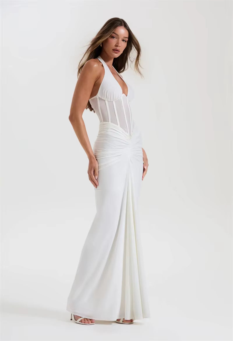 Halter Backless Maxi Dress – Sexy V-Neck Draped Bodycon Gown for Women’s Club & Party Wear