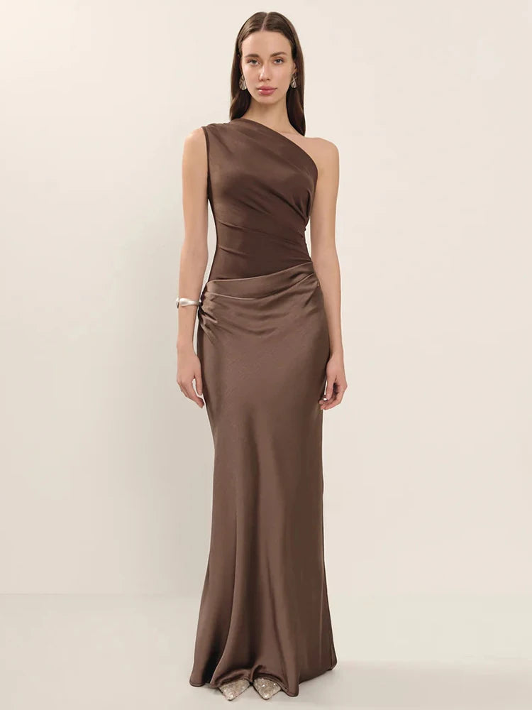 Satin One Shoulder Patchwork Maxi Dress - Sleeveless Backless Slim Club Evening Outfit