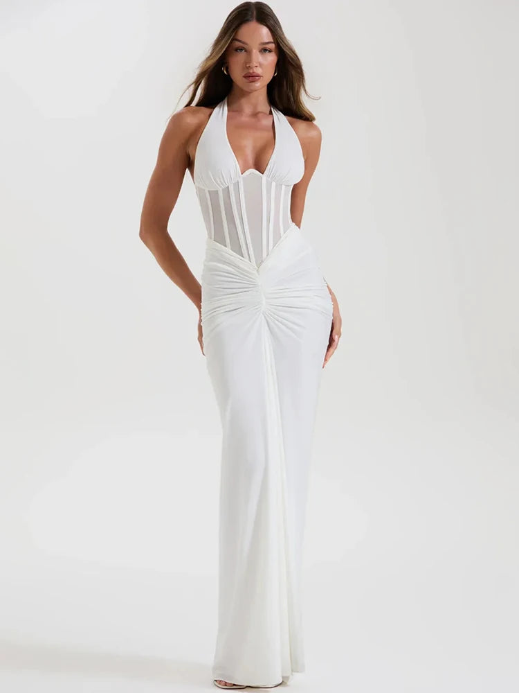 Halter Backless Maxi Dress – Sexy V-Neck Draped Bodycon Gown for Women’s Club & Party Wear