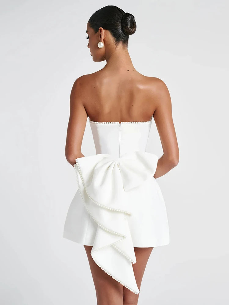 Pearl Strapless Mini Dress – Sexy Backless Bow Club Dress for Women