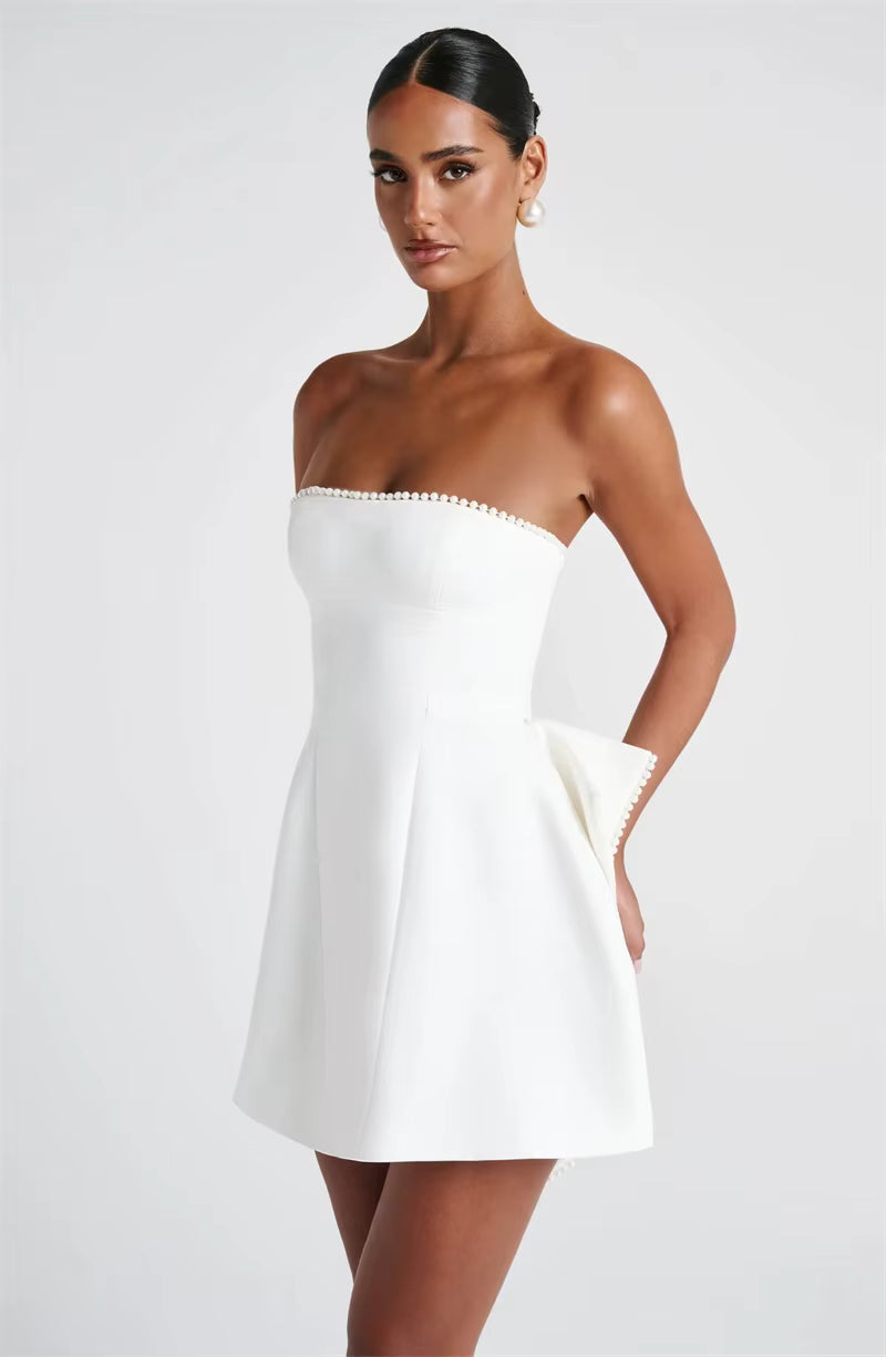 Pearl Strapless Mini Dress – Sexy Backless Bow Club Dress for Women