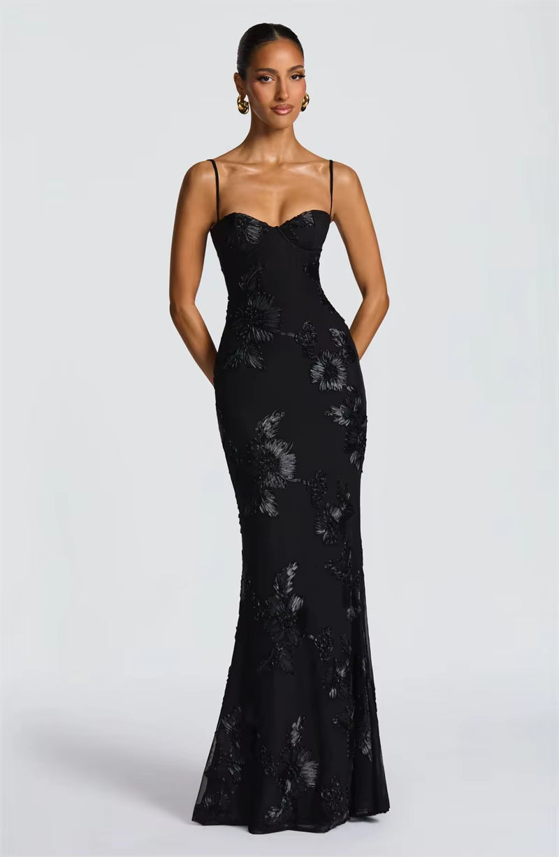 Spaghetti Strap Print Maxi Dress – Sexy Backless Bodycon Club Gown for Women