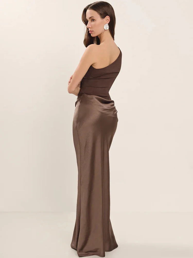 Satin One Shoulder Patchwork Maxi Dress - Sleeveless Backless Slim Club Evening Outfit