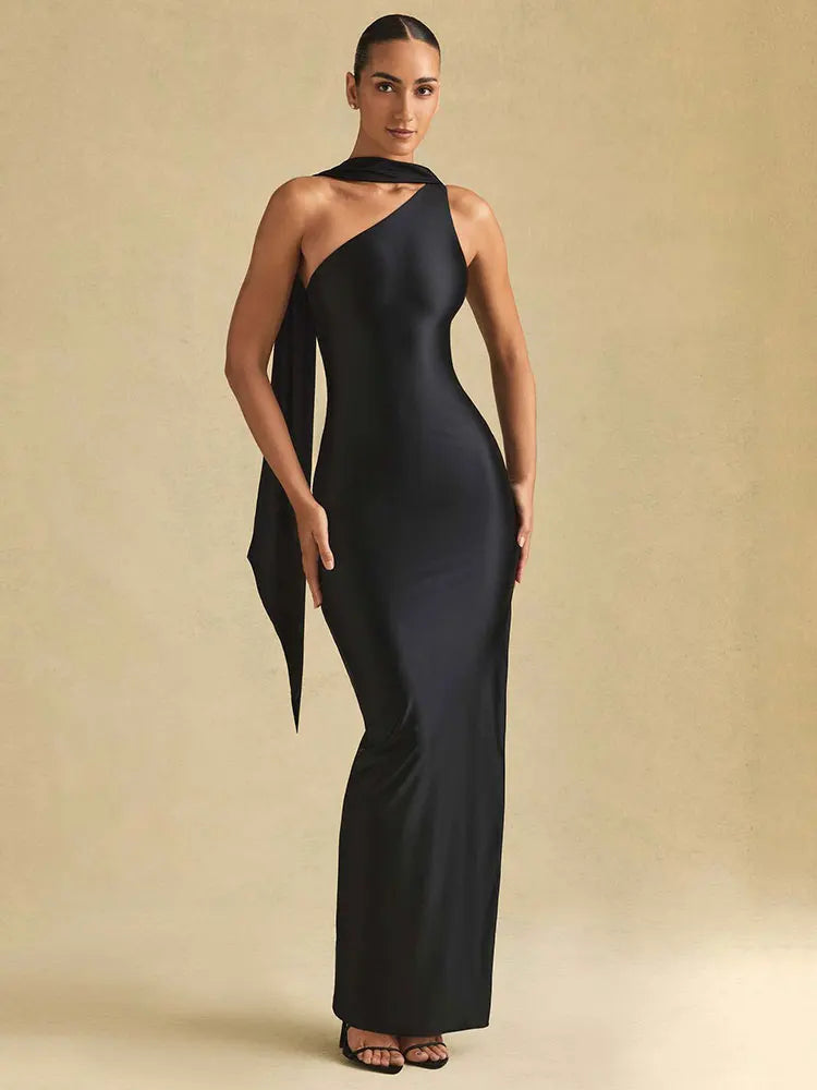 Elegant One-Shoulder Satin Maxi Dress