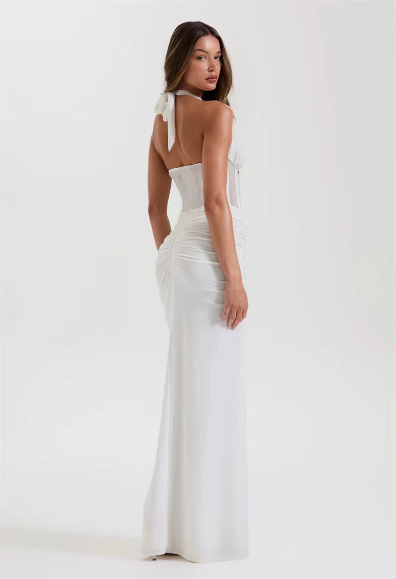 Halter Backless Maxi Dress – Sexy V-Neck Draped Bodycon Gown for Women’s Club & Party Wear