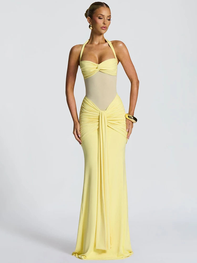 Halter Backless Maxi Dress – Sexy Ruched Off-Shoulder Bodycon Clubwear for Women