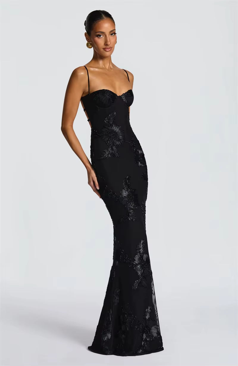 Spaghetti Strap Print Maxi Dress – Sexy Backless Bodycon Club Gown for Women