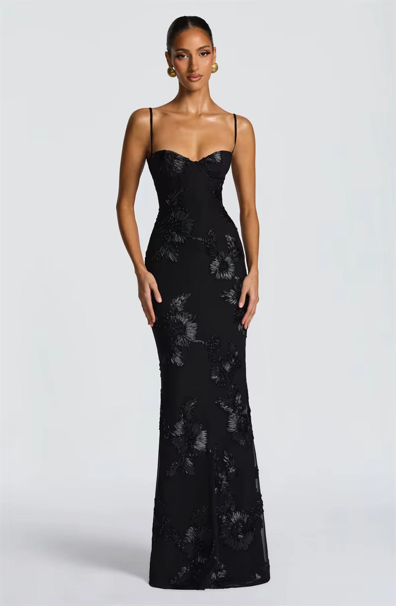 Spaghetti Strap Print Maxi Dress – Sexy Backless Bodycon Club Gown for Women
