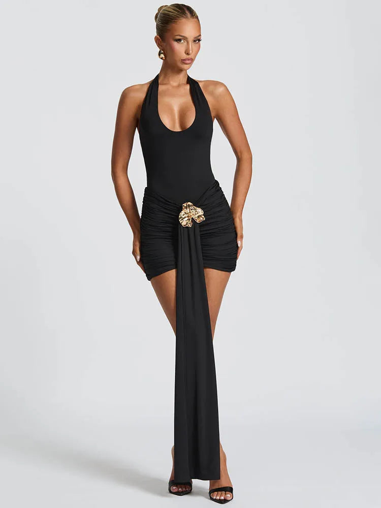 Metal Flower Halter Mini Dress – Sexy Ruched Backless Club Dress for Women