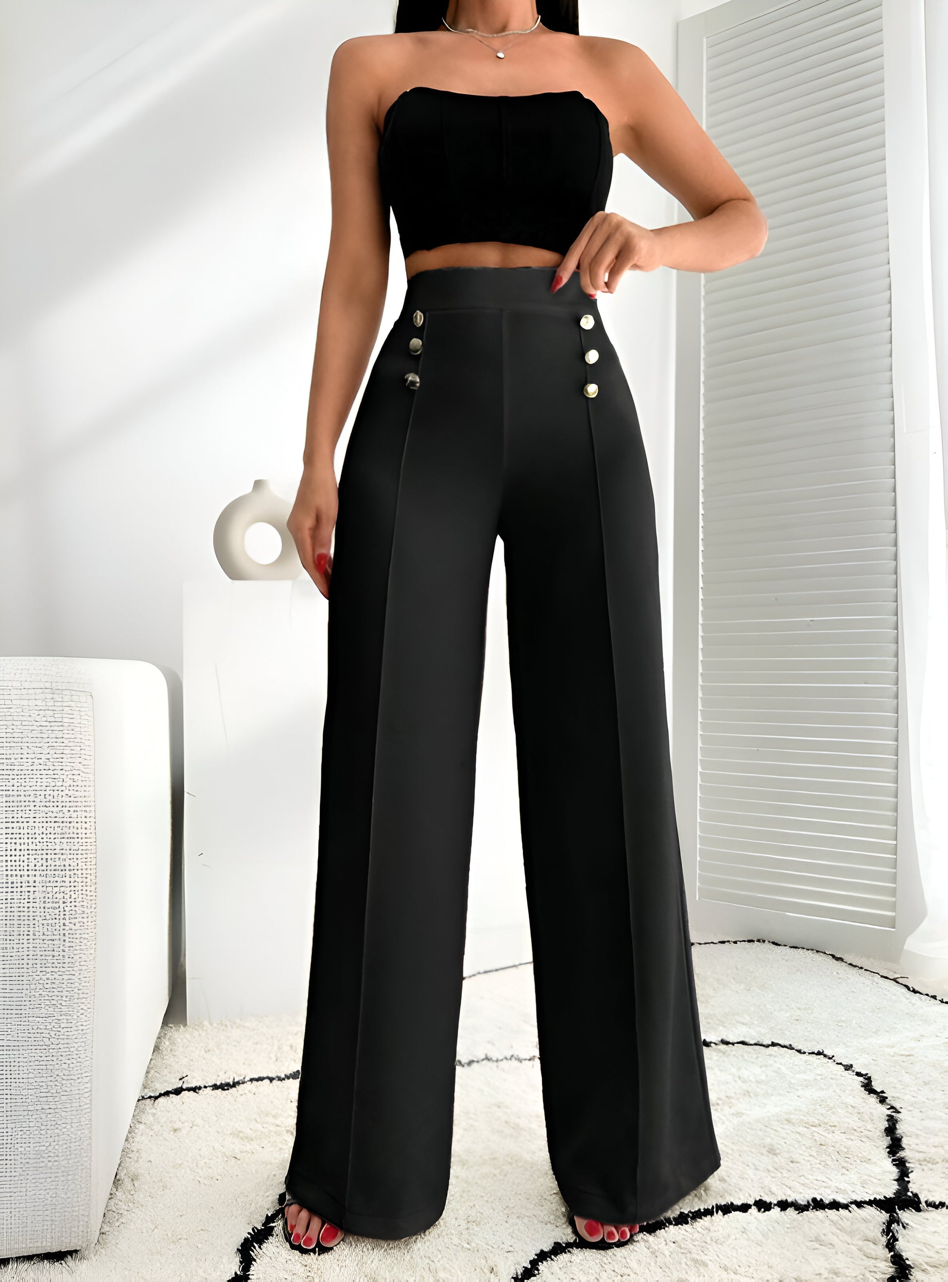 High-Waist Button Trousers – Sleek Black Straight-Leg Style