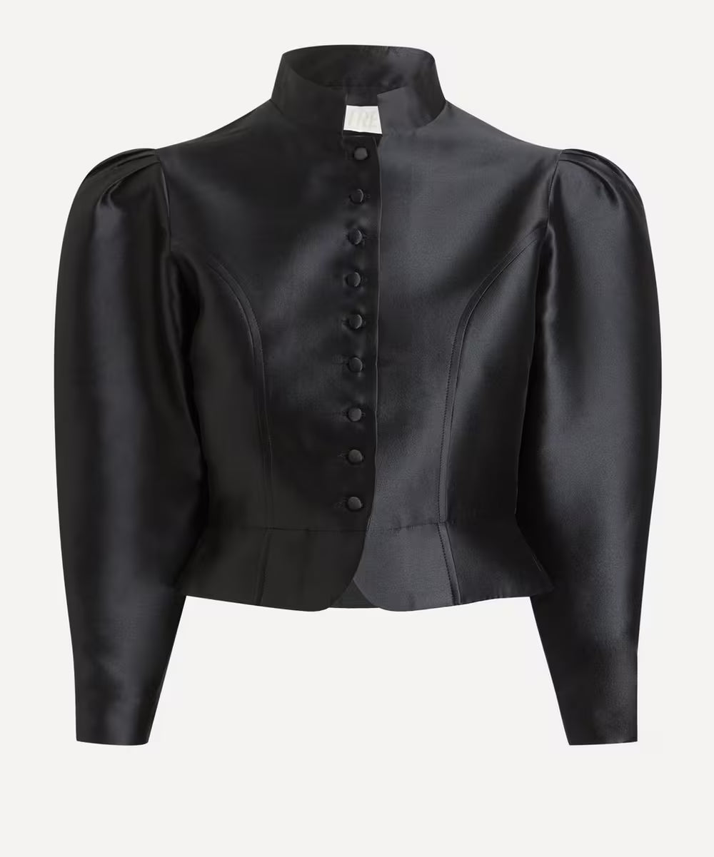 Strukturierte Satinbluse mit Schößchen – Schwarz 
