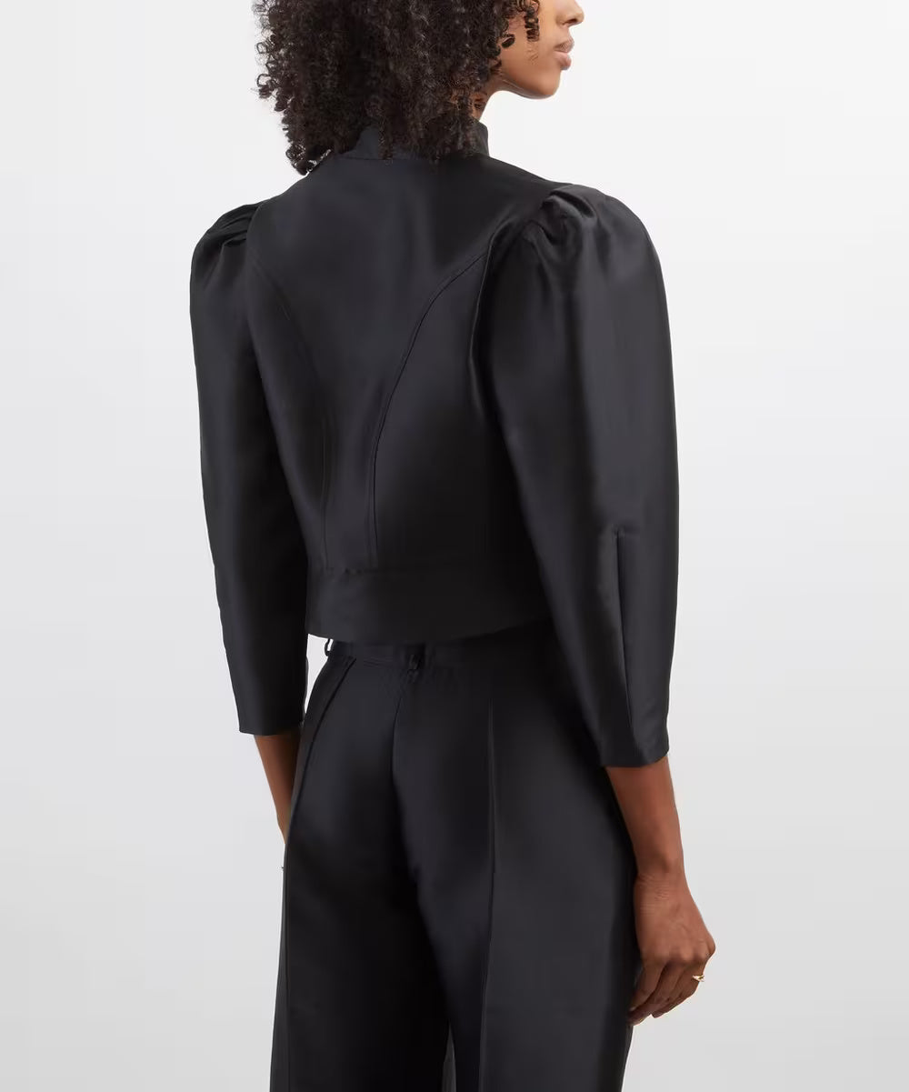 Strukturierte Satinbluse mit Schößchen – Schwarz 