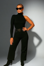 Chic One-Sleeve Bodysuit – High Neck Stretch Fit in Black
