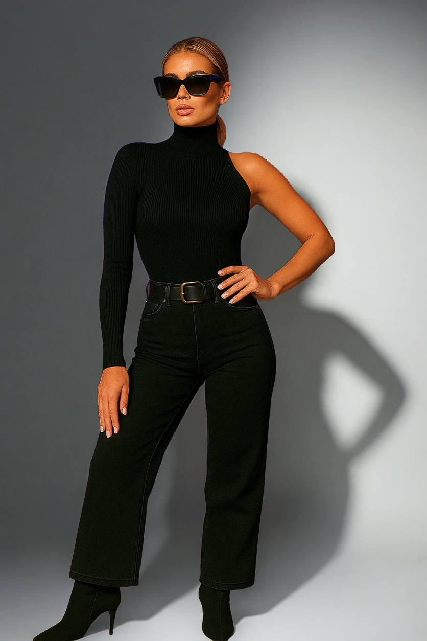 Chic One-Sleeve Bodysuit – High Neck Stretch Fit in Black