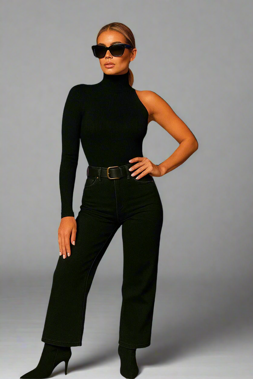 Chic One-Sleeve Bodysuit – High Neck Stretch Fit in Black