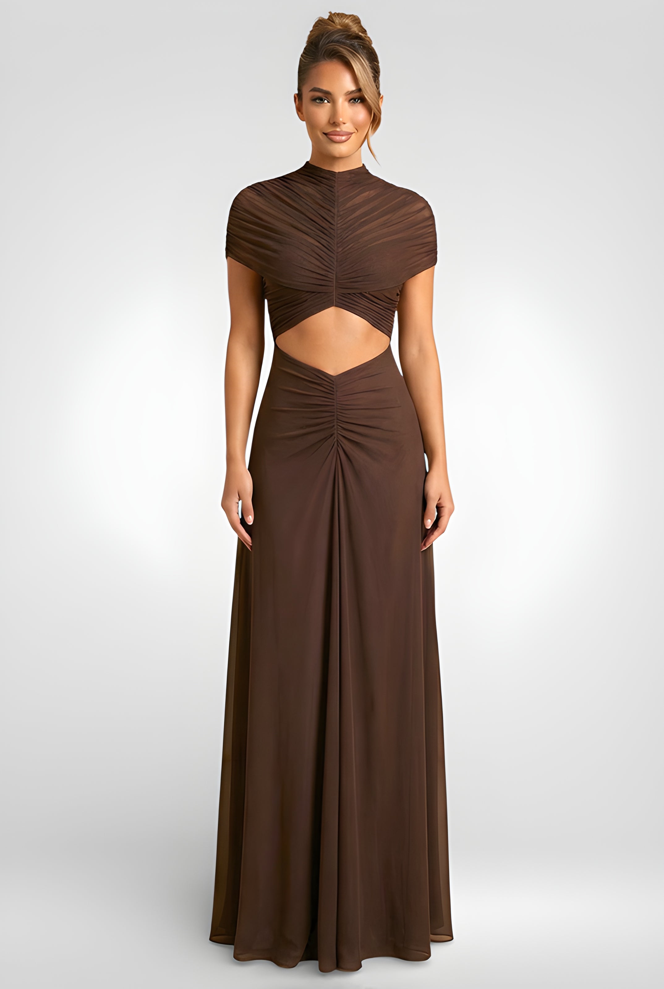 Maxi šaty s výstřihem do V v kávové síťoviny