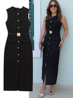 Elegant Black Office Midi Dress – Sleeveless Spring Belted Vintage Look