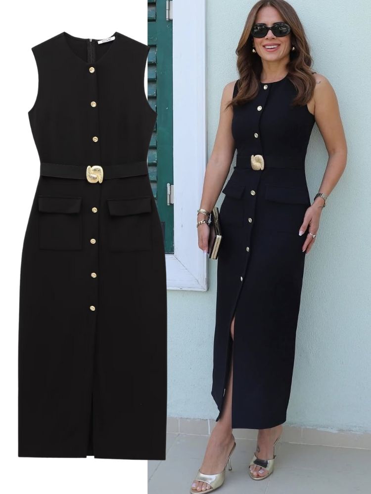 Elegant Black Office Midi Dress – Sleeveless Spring Belted Vintage Look