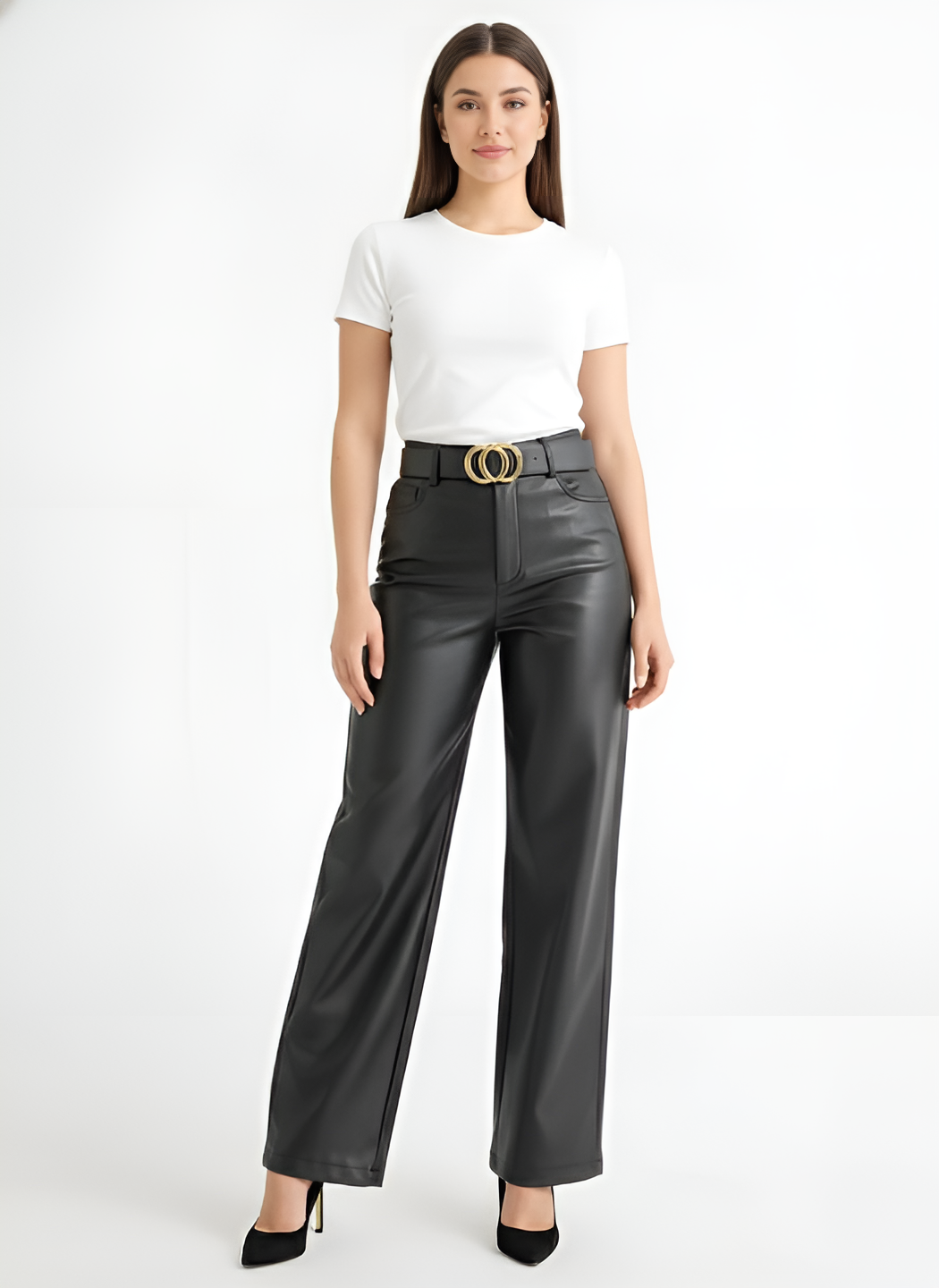 Wide-Leg Leather Pants -Black