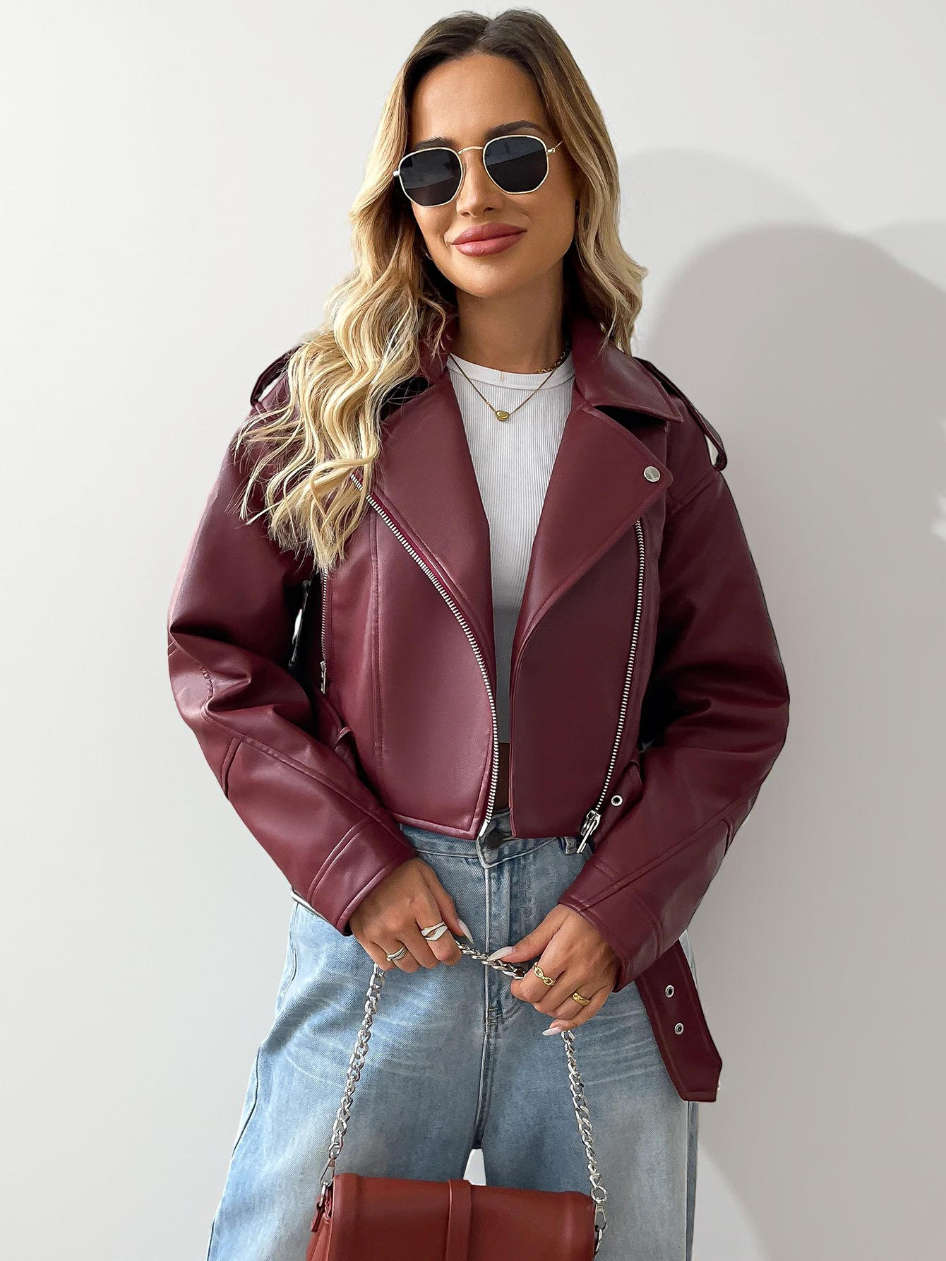 Women's Leather Moto Jacket with Belt – Burgundy Casual Short Coat
