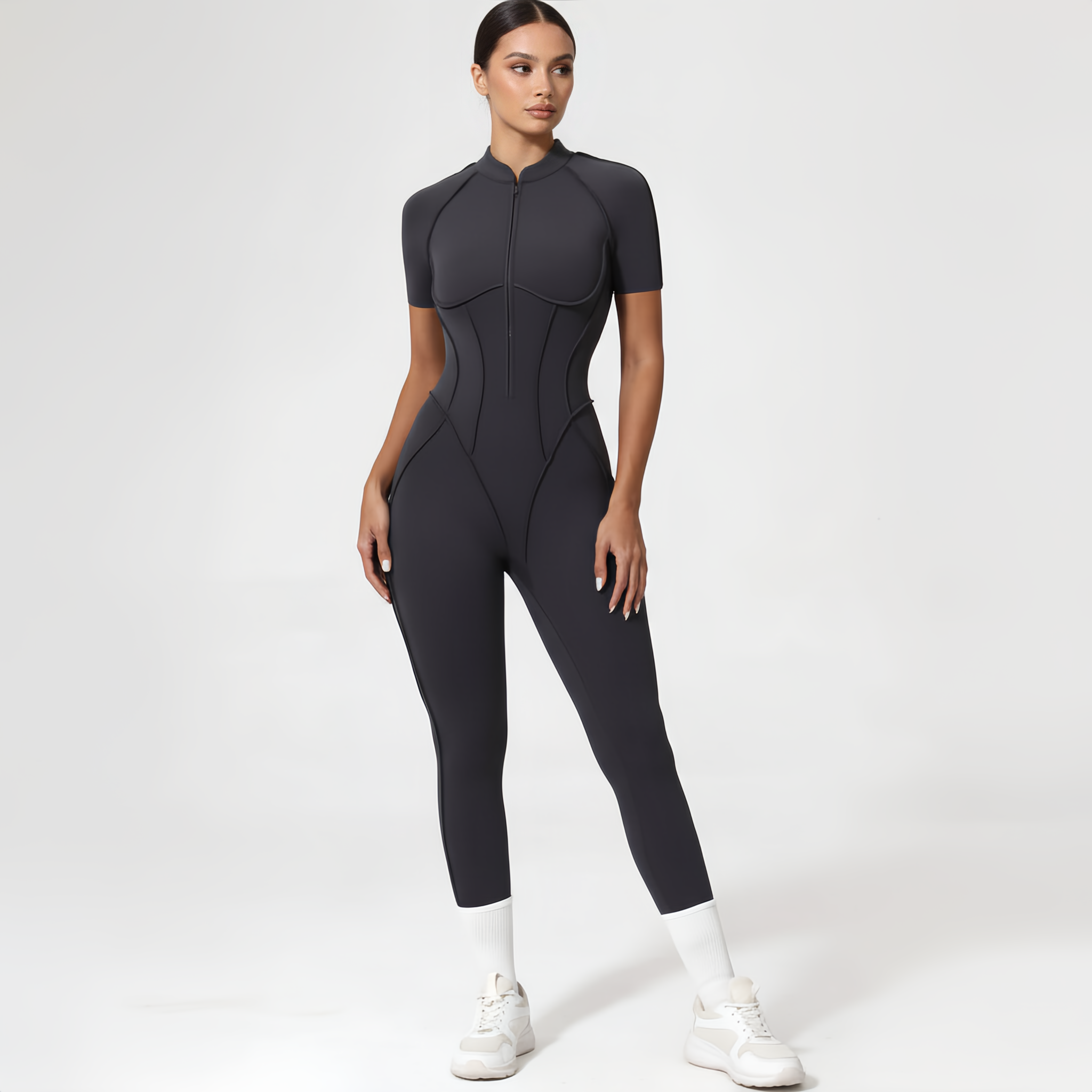 Backless Zip Yoga Jumpsuit -Gray