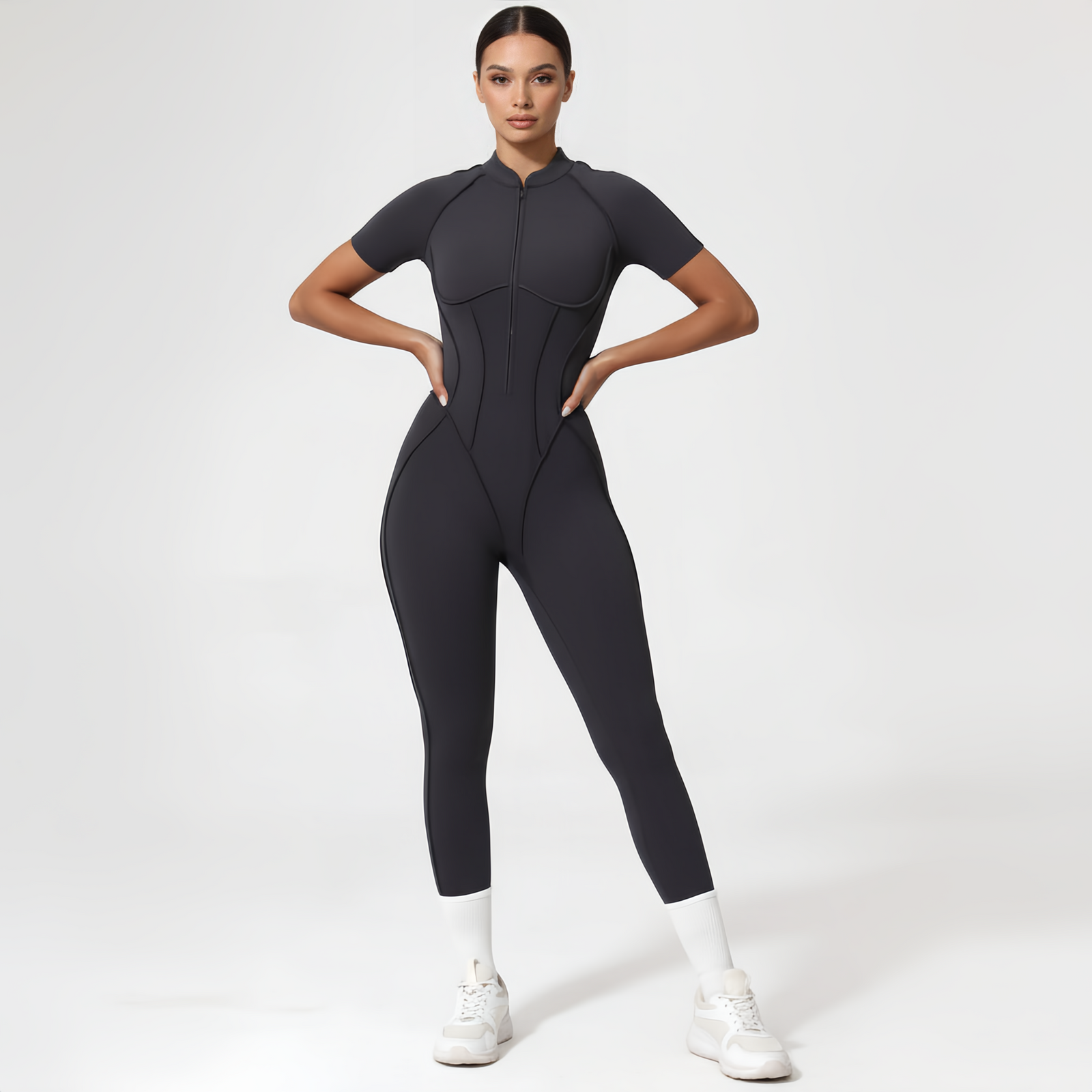 Backless Zip Yoga Jumpsuit -Gray