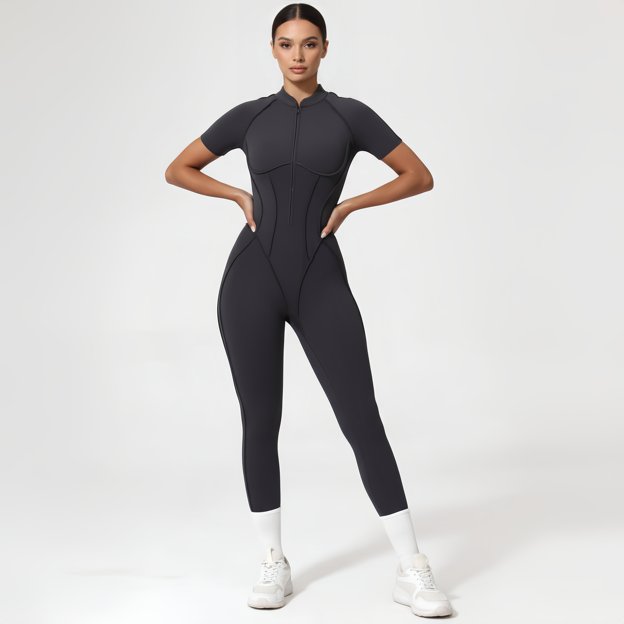 Backless Zip Yoga Jumpsuit -Gray