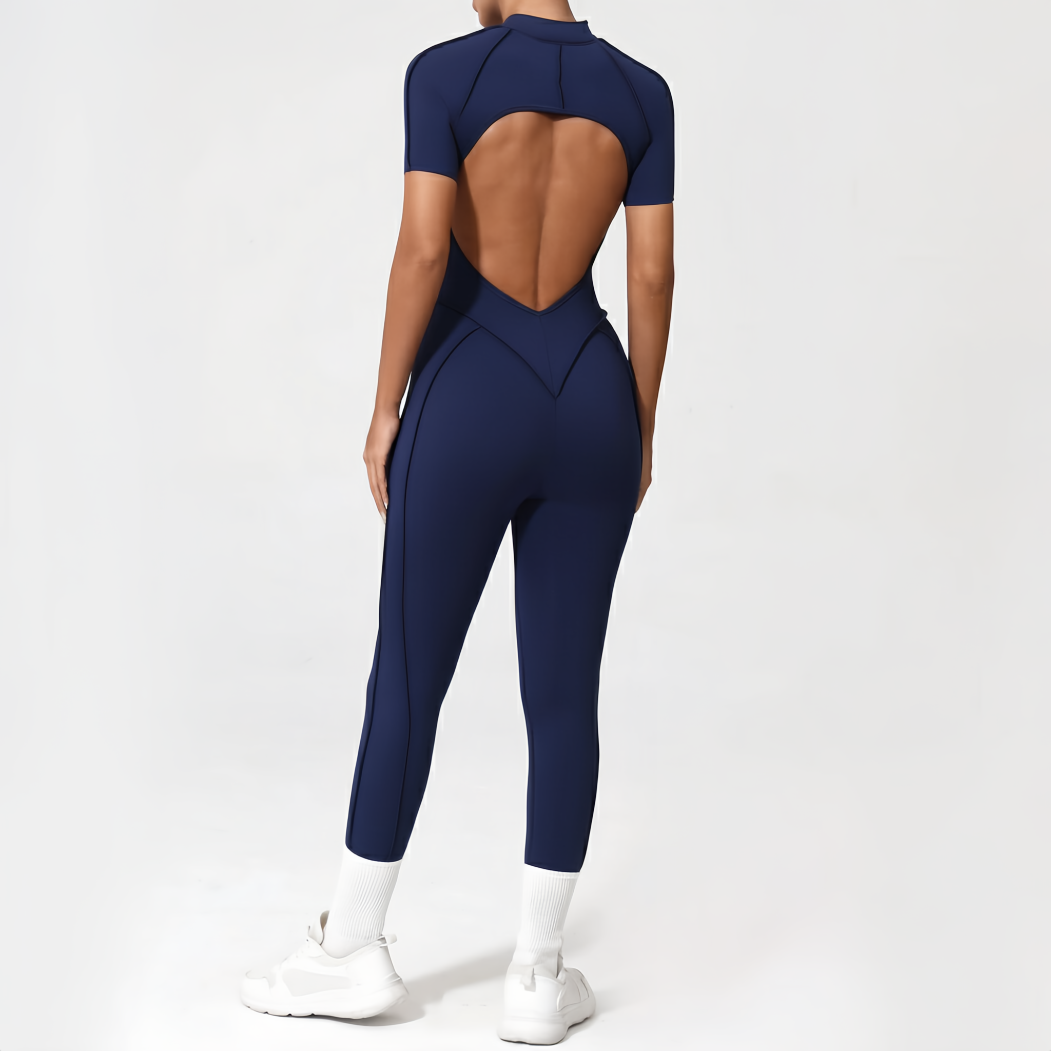 Backless Zip Yoga Jumpsuit -Navy