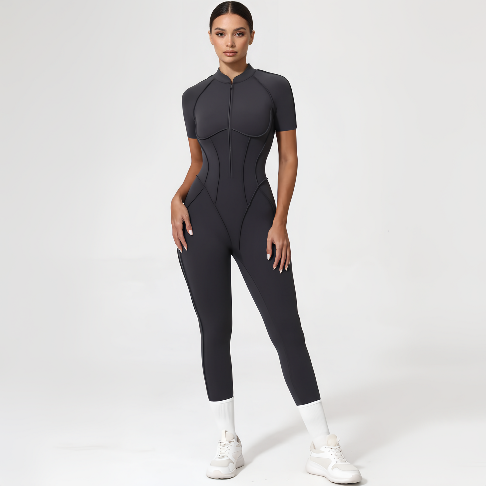 Backless Zip Yoga Jumpsuit -Gray