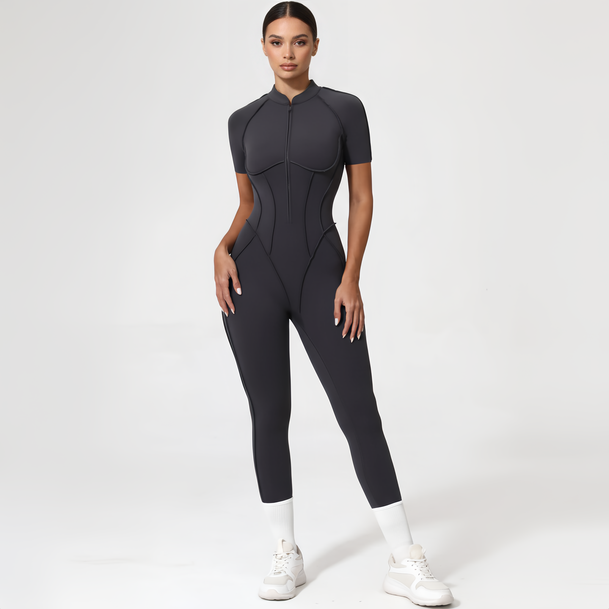 Backless Zip Yoga Jumpsuit -Gray